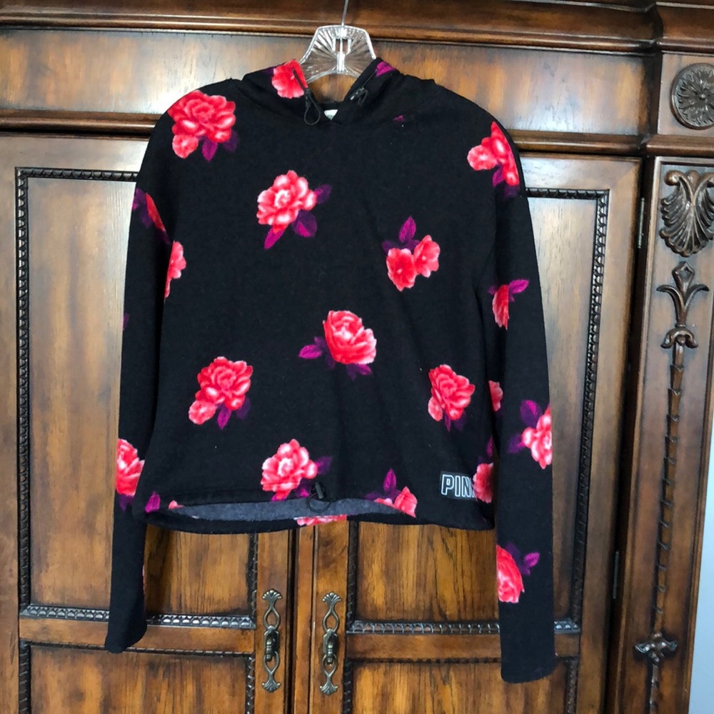 VS Pink Black Floral Hoodie Sweatshirt Size S